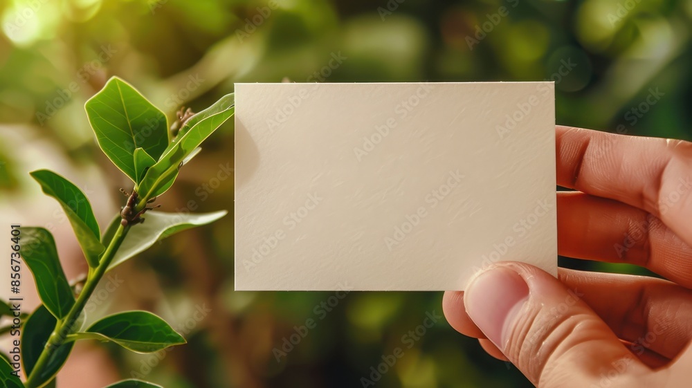 Hand Holding Blank Card Against Greenery Background in Natural Sunlight Hand Holding Blank Card Against Greenery Background in Natural Sunlight