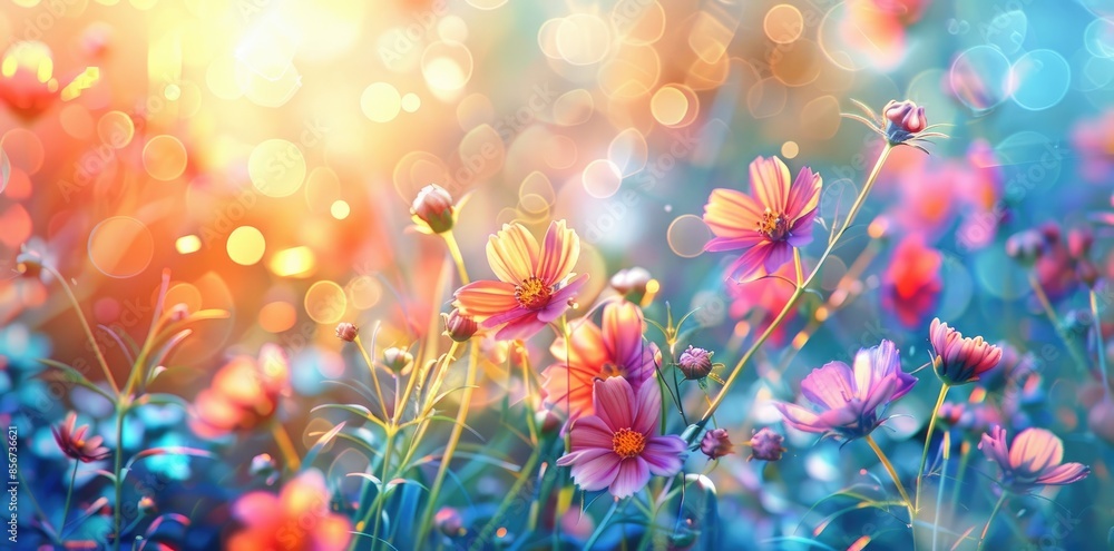 Bright and colorful wildflowers in full bloom with sunlight flares in a serene field, depicting freshness and nature's beauty Bright and colorful wildflowers in full bloom with sunlight flares in a serene field, depicting freshness and nature's beauty