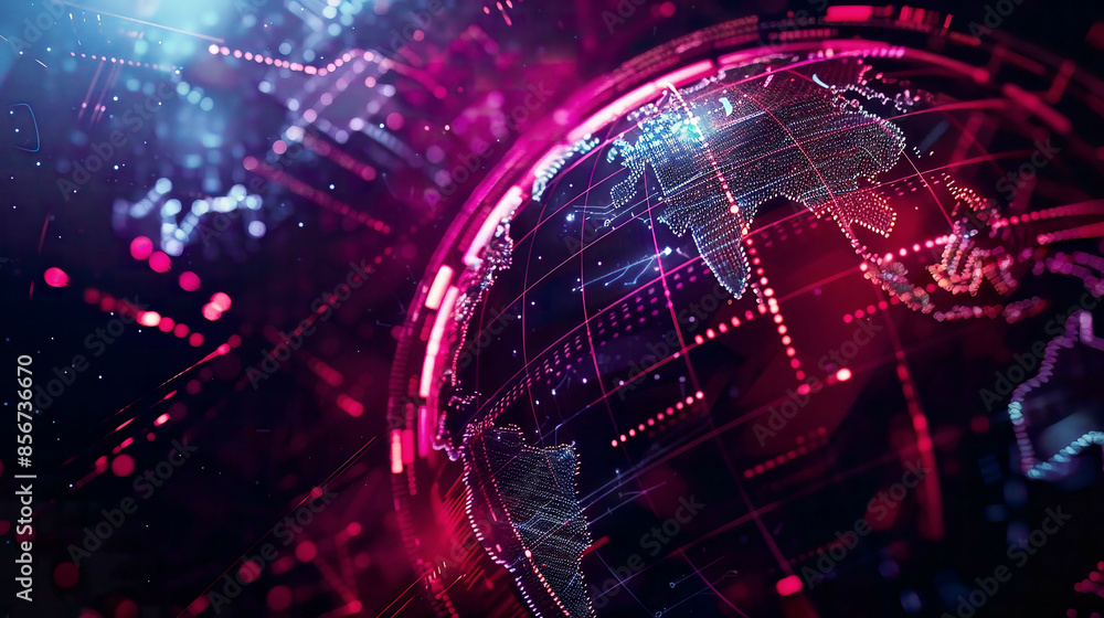 Obraz premium Futuristic HUD background with blockchain technology world globe and polygon peer-to-peer network global cryptocurrency fintech business banner conceptluminous digital design 