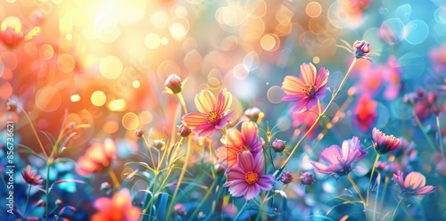 Bright and colorful wildflowers in full bloom with sunlight flares in a serene field, depicting freshness and nature's beauty #856736621