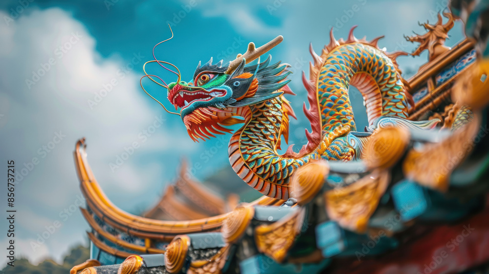 Obraz premium Chinese dragon statue on the temple roof