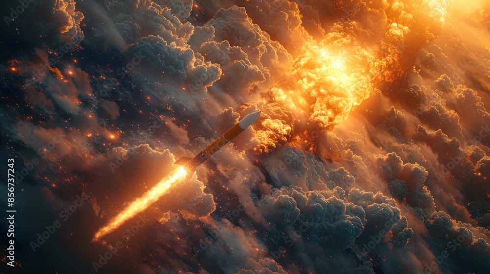 Missile Launch Through Fiery Clouds