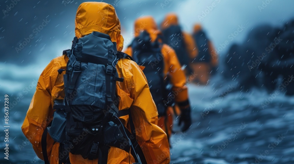 Group of Hikers in Rain Gear Navigating a Wild River Group of Hikers in Rain Gear Navigating a Wild River