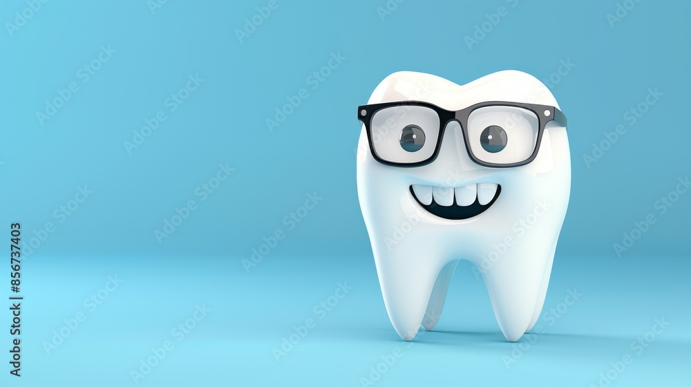 Smiling Tooth Wearing Glasses Against a Blue Background Smiling Tooth Wearing Glasses Against a Blue Background