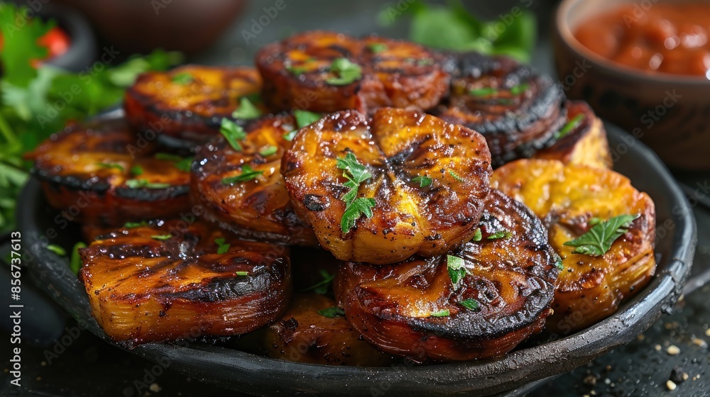 Grilled Plantain Slices with Parsley Garnish Grilled Plantain Slices with Parsley Garnish