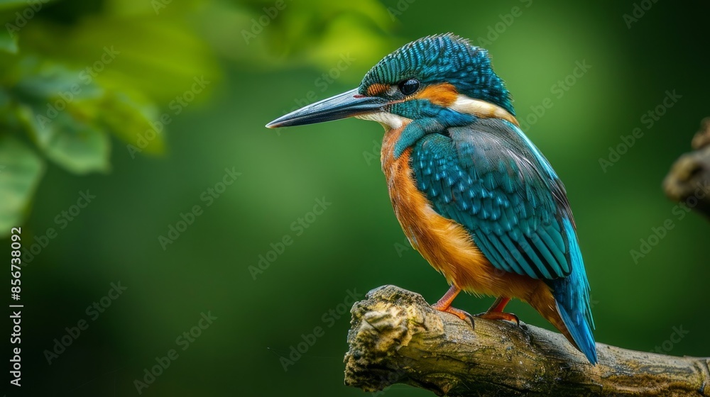 A blue-green bird with an orange belly, the Eurasian Kingfisher, perches on a tree branch in the warm summer. A blue-green bird with an orange belly, the Eurasian Kingfisher, perches on a tree branch in the warm summer.