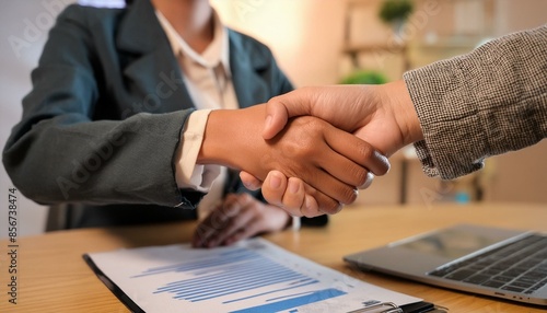 A young professional shaking hands with a new employer in an office setting.