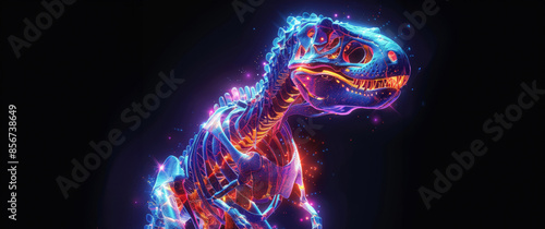 close-up head shot showcases the vividly colored dinosaur skeleton art of a striking poster, presented in an abstract style against a dark background for maximum impact.