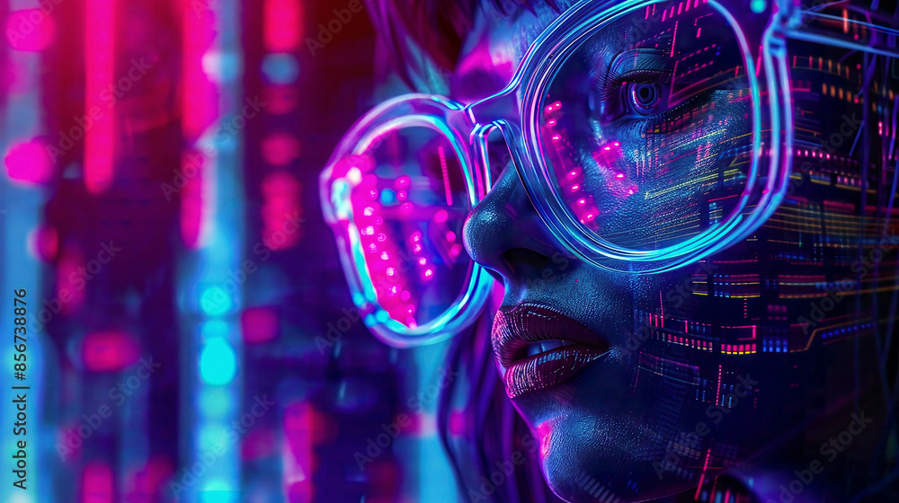 Individual with glasses in metaverse virtual world blockchain technology concepts futuristic anddark background with neon accents Individual with glasses in metaverse virtual world blockchain technology concepts futuristic anddark background with neon accents