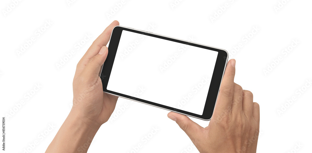 Hand holding smartphone device and touching screen Hand holding smartphone device and touching screen