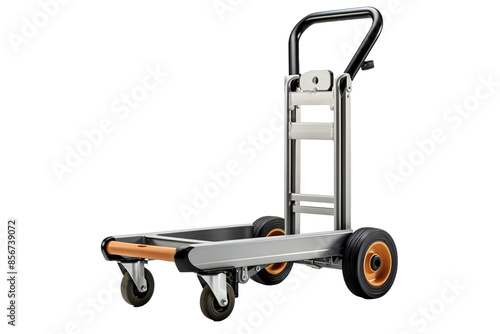 A Silver Folding Hand Truck With Black Handle and Orange Wheels on a Clear PNG or White Background. photo