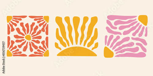 Groovy retro abstract sun backgrounds. Organic doodle shapes in trendy naive hippie 60s 70s style. Contemporary poster print banner template. Square wavy vector illustration