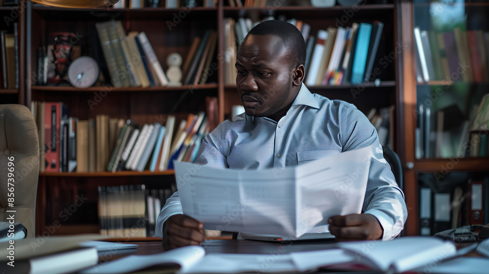 A focused African American man working at a desk in a library, surrounded by books and documents, creating an academic and studious atmosphere.
A focused African American man working at a desk in a library, surrounded by books and documents, creating an academic and studious atmosphere.
