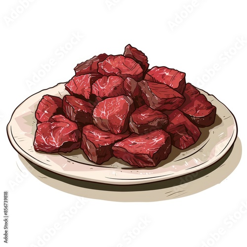 cooked meat on a plate, in the style of colored cartoon style, realistic brushwork photo