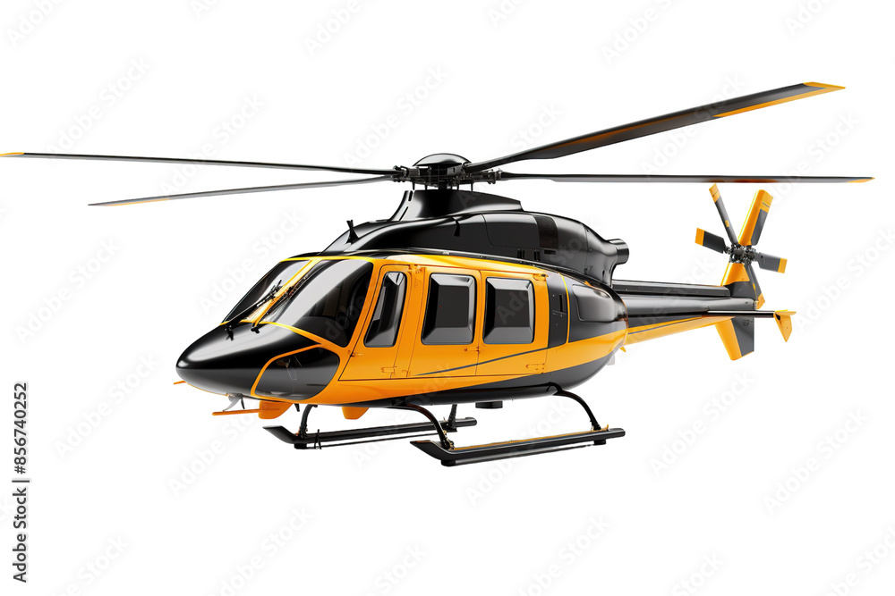 Fototapeta premium A Black And Orange Helicopter Soaring Through The Sky on a Clear PNG or White Background.