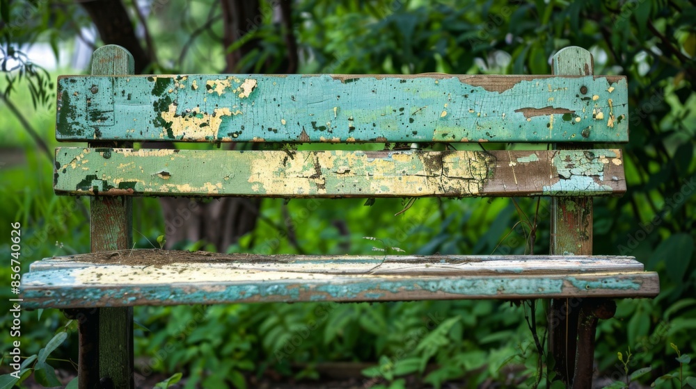 Old Bench with Peeling Paint in Overgrown Park for Nostalgic and Rustic Themes Old Bench with Peeling Paint in Overgrown Park for Nostalgic and Rustic Themes