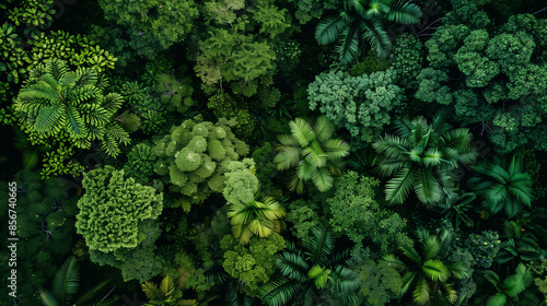 A bird's eye view of the forest, showing the complexity of the ecosystem and the health of the environment. The green mosaic of trees and vegetation represents the harmony of nature