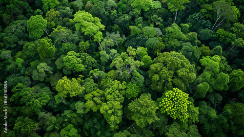 A bird's eye view of the forest, showing the complexity of the ecosystem and the health of the environment. The green mosaic of trees and vegetation represents the harmony of nature