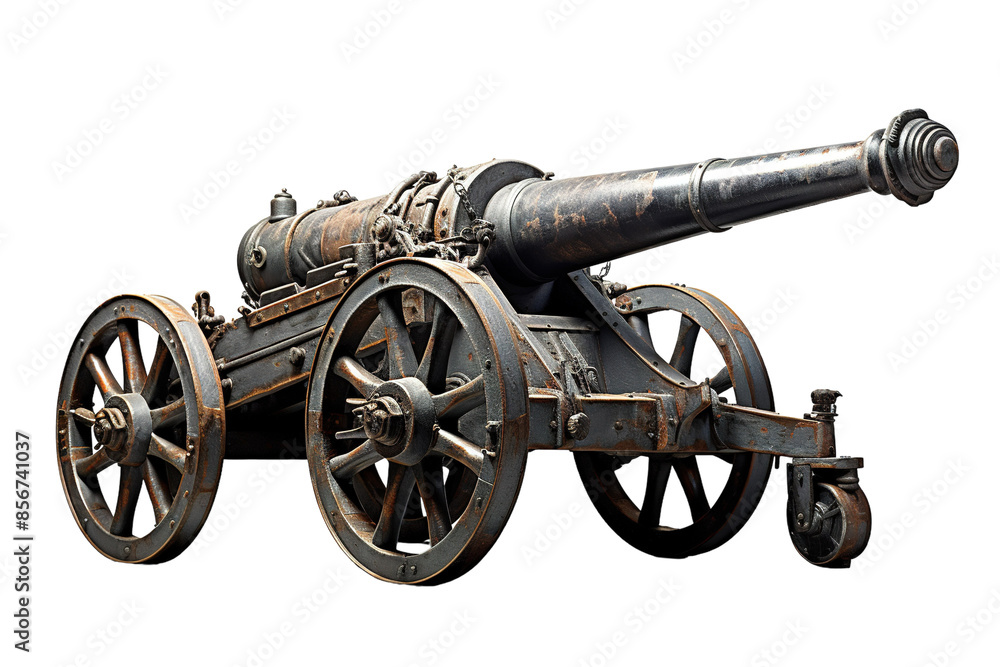 A Rusty Cannon Poised For Action, A Historic Remnant of Wartime Power on a Clear PNG or White Background. A Rusty Cannon Poised For Action, A Historic Remnant of Wartime Power on a Clear PNG or White Background.
