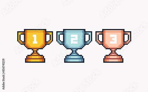 Winner cups, trophy pixel art set. Achievement reward, first place prize collection. 8-bit sprite. Game development, mobile app. Isolated vector illustration.