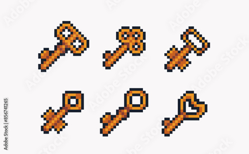 Golden ancient keys pixel art set. Antique key silhouette collection. 8 bit. Game development, mobile app. Isolated vector illustration