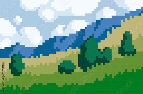 Nature landscape pixel art background. Beautiful sunny view with trees and green land. 8 bit banner. Game development, mobile app template. Backdrop vector illustration. 