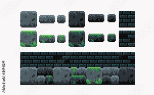 Stone platform pixel art set. Brick walls and floor collection. Square tiles 8 bit. Game development, mobile app. Isolated vector illustration. 