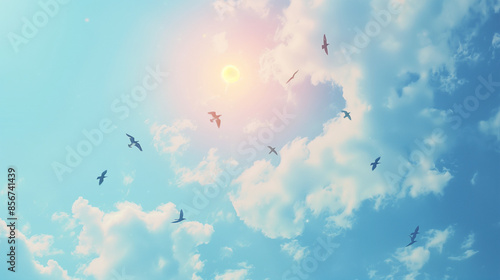 The silence of a summer morning in the sky, full of birds in flight that symbolize new beginnings and upcoming changes.