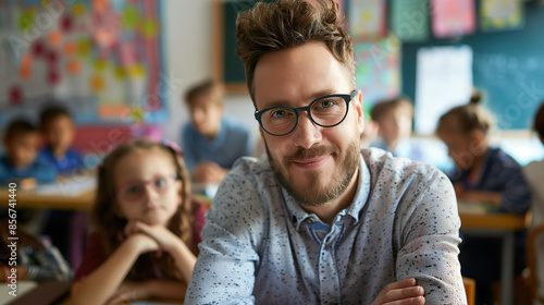 Teacher in front of a school class. Elementary school students in the classroom with a smiling confident teacher