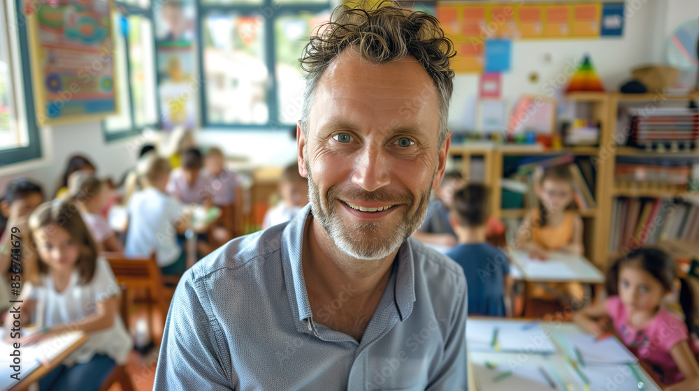 Teacher in front of a school class. Elementary school students in the classroom with a smiling confident teacher Teacher in front of a school class. Elementary school students in the classroom with a smiling confident teacher