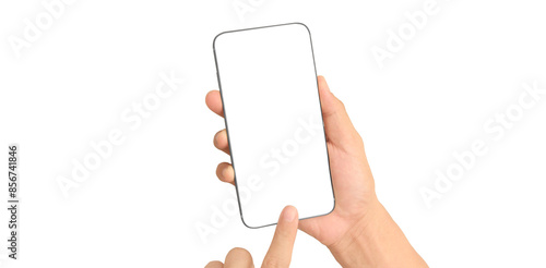 Hand holding smartphone device and touching screen