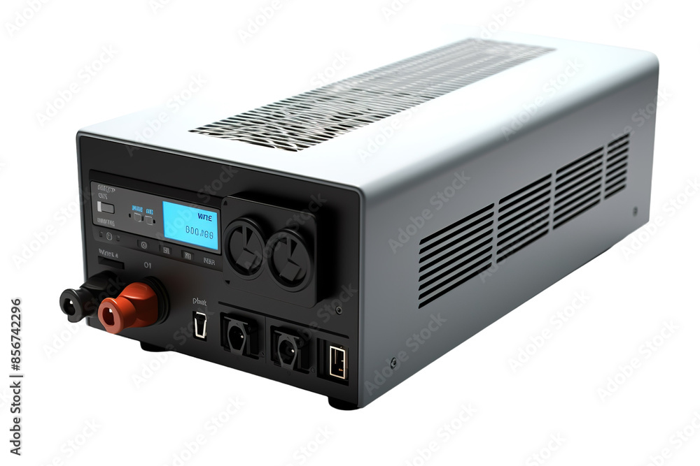 Modern Power Inverter With Cooling Vents and Digital Display on a Clear PNG or White Background. Modern Power Inverter With Cooling Vents and Digital Display on a Clear PNG or White Background.