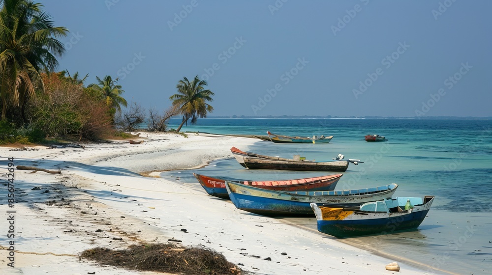 Bangaram Island in Lakshadweep, known for its pristine white sand beaches and traditional boats dotting the clear blue waters. Bangaram Island in Lakshadweep, known for its pristine white sand beaches and traditional boats dotting the clear blue waters.