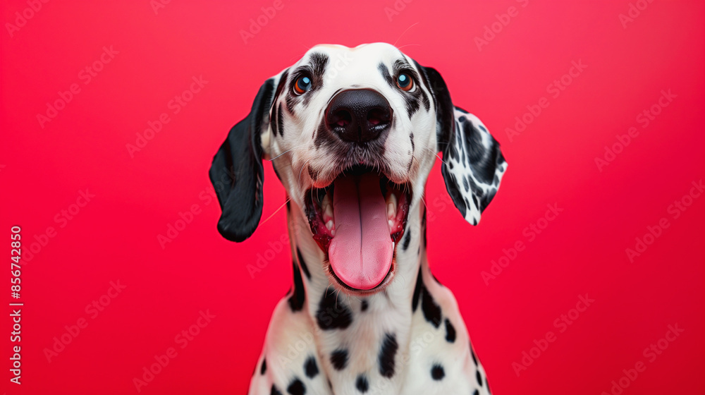 Portrait of a Dalmatian dog smiling happily on a red background. Portrait of a Dalmatian dog smiling happily on a red background.