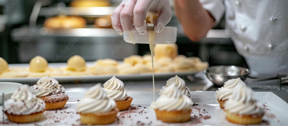 A pastry chef is making a variety of pastries, including raspberry tarts A pastry chef is making a variety of pastries, including raspberry tarts
