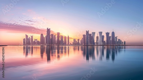 Wallpaper Mural Sunset skyline of Doha, Qatar, showcasing its modern architecture and urban landscape. Torontodigital.ca