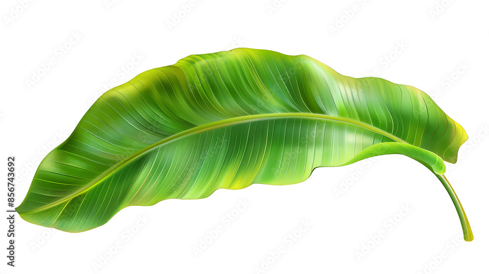 Fototapeta premium This is a close-up image of a single green banana leaf isolated on a white background, showcasing its detailed texture and vibrant color.