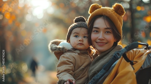 Happy Mother and Child Enjoying Autumn Day in Park