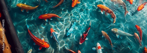 Top view of Japanese koi fish swimming in decorative aquarium.