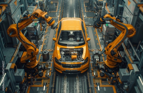 High-tech automated car production line with robotic arms assembling vehicle