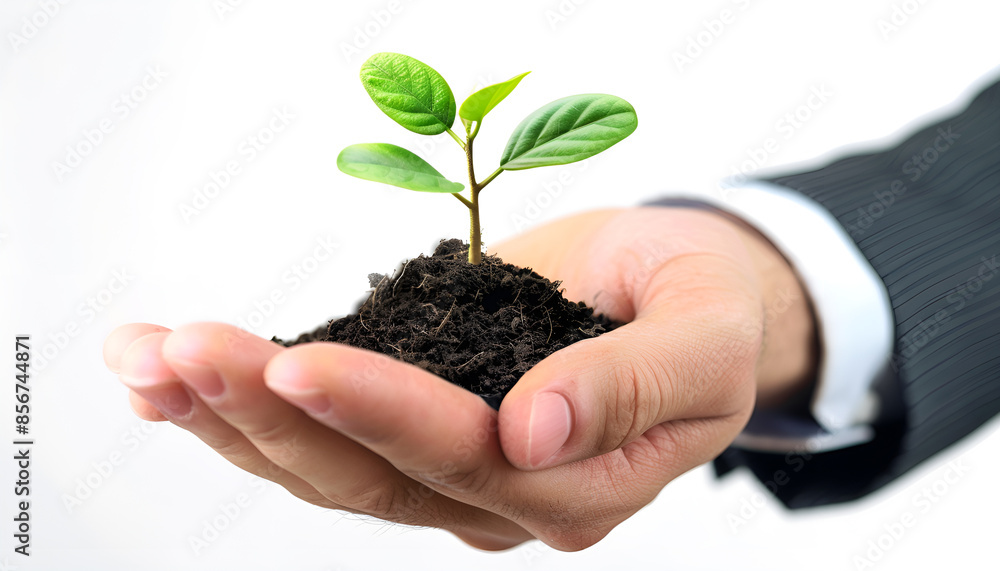 Businessman holding coins in hand with growth plant , investment profit and dividend money from saving concept Businessman holding coins in hand with growth plant , investment profit and dividend money from saving concept