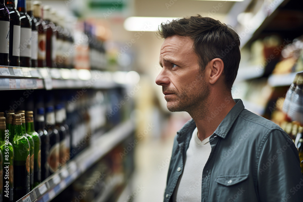 Generative AI picture of person chooses an alcoholic beverage at a local store Generative AI picture of person chooses an alcoholic beverage at a local store