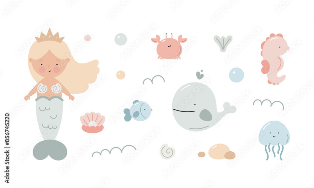 Set with cute mermaid and sea animals. Mermaid, crab, whale, seahorse, jellyfish, shell, pearl, fish. Isolated cartoon flat objects on white background. Marine kids design. Set with cute mermaid and sea animals. Mermaid, crab, whale, seahorse, jellyfish, shell, pearl, fish. Isolated cartoon flat objects on white background. Marine kids design.