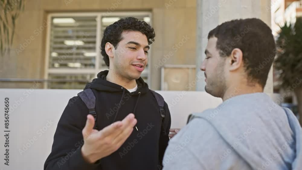 Two hispanic men embracing and shaking hands on an urban street, conveying friendship and support. Two hispanic men embracing and shaking hands on an urban street, conveying friendship and support.