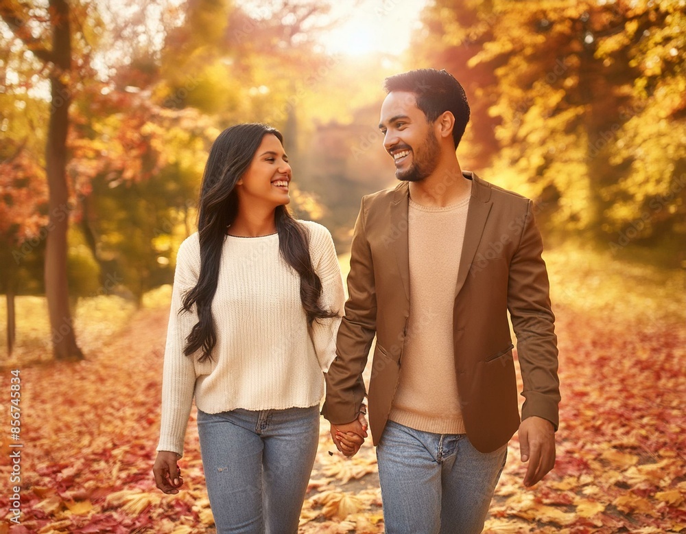 A couple walking hand in hand through a picturesque park during autumn, sharing a laugh. A couple walking hand in hand through a picturesque park during autumn, sharing a laugh.
