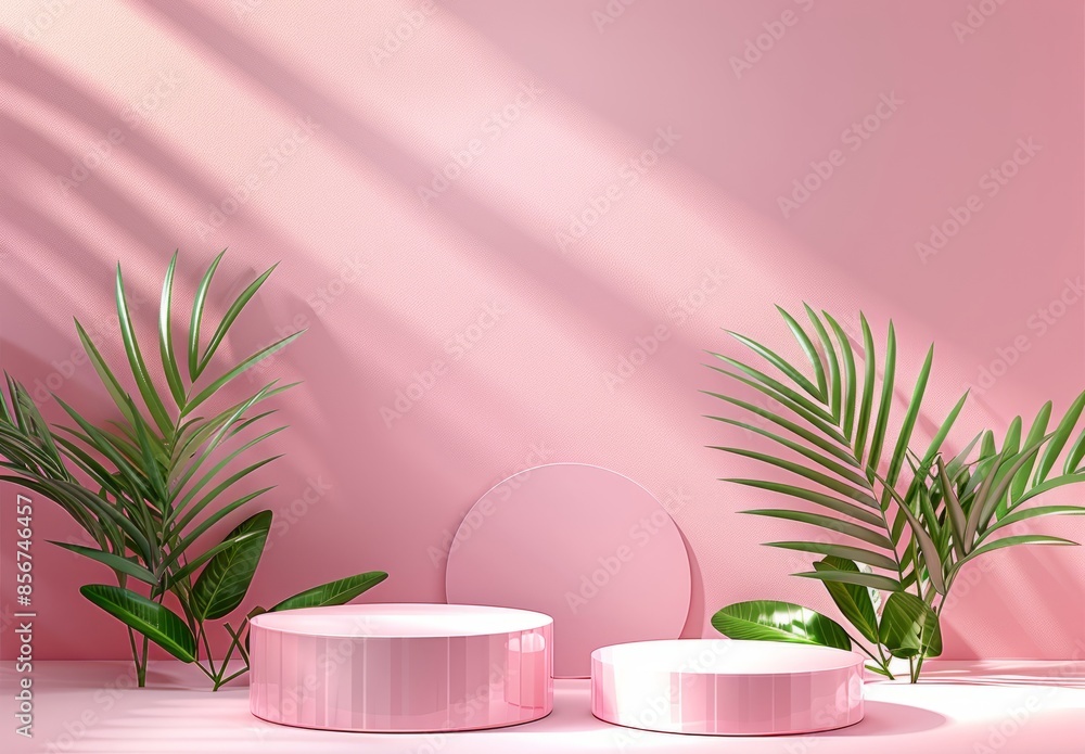 Pink Product Display with Palm Leaves Pink Product Display with Palm Leaves