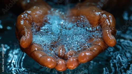 Cupped Hands Catching Water with Bubbles