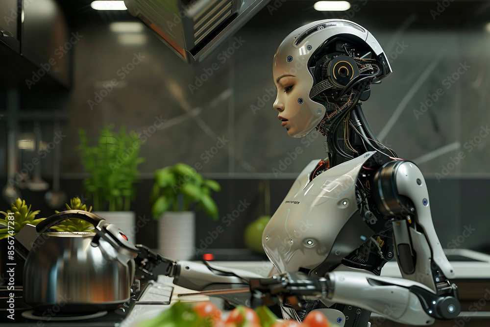 Fototapeta premium Generative AI creative picture Robot cyborg in activities of daily life house duties living together with people