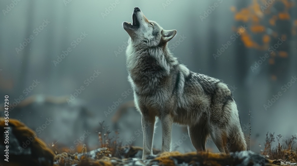 Obraz premium Wolf Howling in a Misty Forest