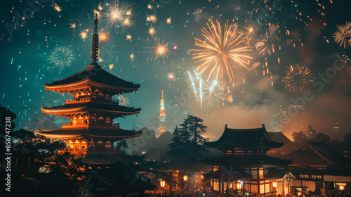 a image about Japan summer Festival, night, with fireworks in the sky, japanese travel poster photo